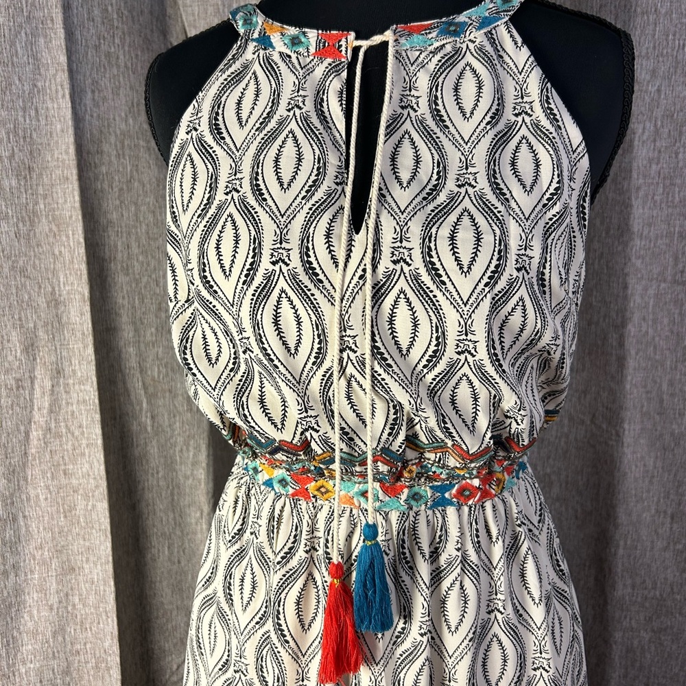 THML Black and White Patterned Maxi Dress with Colorful Tassels